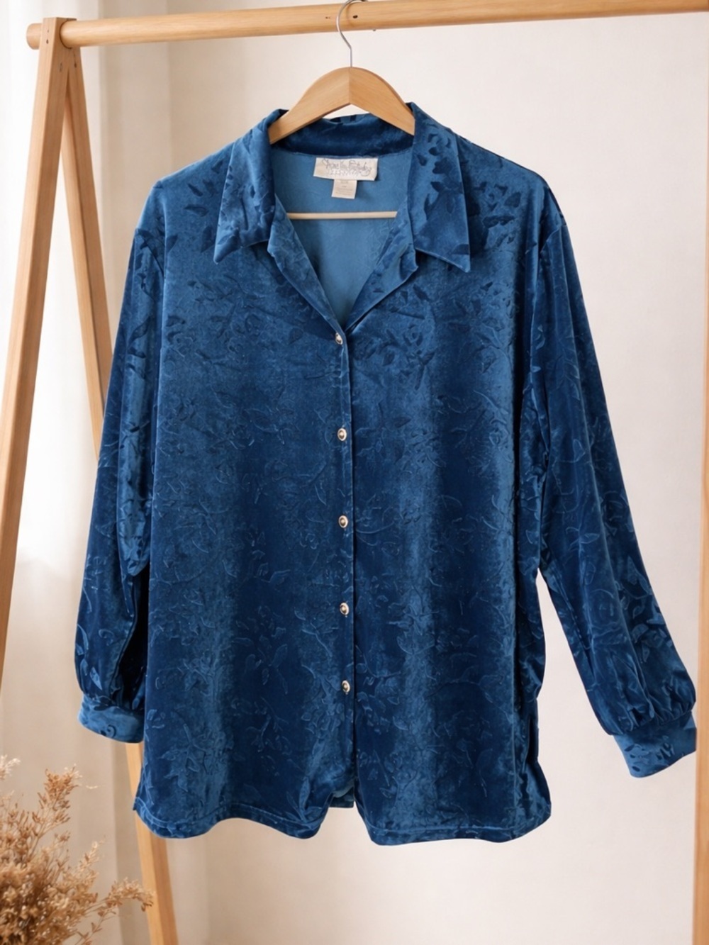 Vintage DVF Velvet Floral Embossed Tunic Button Shirt Deep Blue 1X Old Money